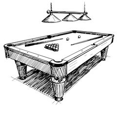 Classic Billiards Blueprint: A detailed, hand-drawn blueprint showcases a pool table with its balls, cue, and overhead lighting, designed with a nostalgic charm.