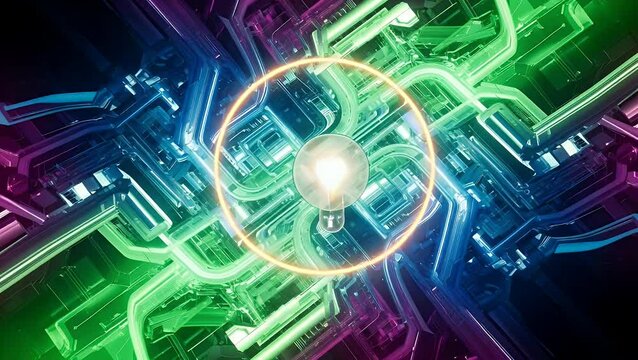 Glowing lightbulb at the center of a neon circuit board