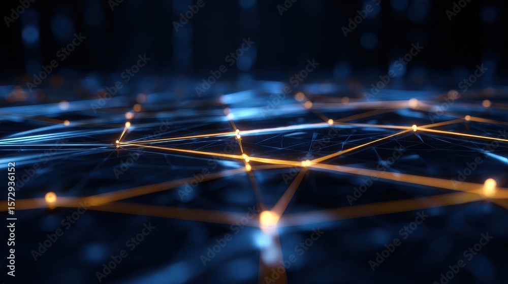 Poster abstract digital network with glowing nodes and interconnected lines against a dark background