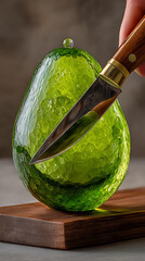 Glossy Green Avocado Slices on Wooden Cutting Board - Artistic Vegetarian Ingredient for Modern Culinary Presentation