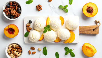 Delicious vanilla ice cream served with fresh peaches and assorted nuts, perfect for summer treats and desserts.