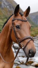 Fototapeta premium Brown horse gazes serenely in a vibrant green landscape, with distant mountains and soft lighting enhancing the tranquil atmosphere