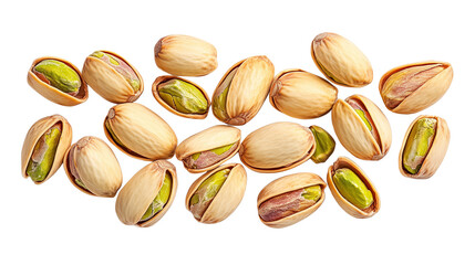 Organic image of falling pistachio nuts and leaves, natural flavor, healthy food, vegan snack, perfect for creative projects, on transparent background.