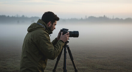 Young man photographing scenic landscape in foggy morning light  