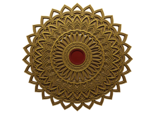 Intricate golden mandala with red gemstone isolated on transparent background
