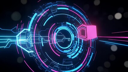 Neon circuits form a circular HUD with a pink hexagonal prism - Powered by Adobe