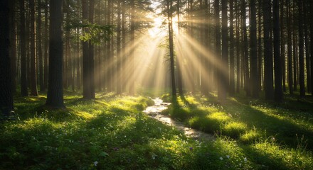 Fototapeta premium Forest Sunlight Streaming Through Trees