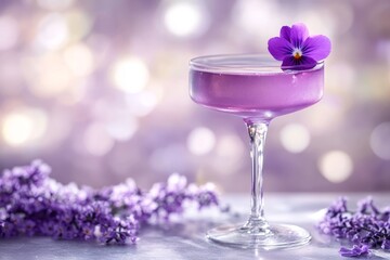 Delicate purple cocktail garnished with a flower.