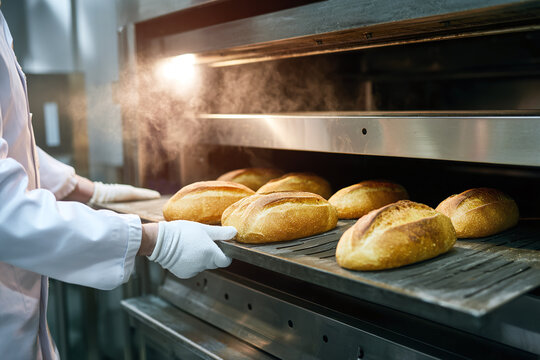 A professional baker in a white coat and heat-resistant gloves uses a peel to pull golden loaves of bread from a stainless steel convection oven. 