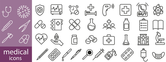 Medical Line Icon Set contains Stethoscope, Ambulance, Nurse, Doctor, Syringe, Serum, First Aid Kit and so on icons.