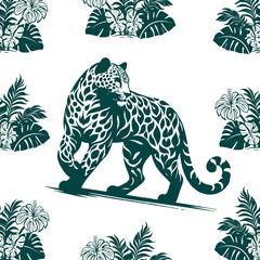 Tropical Leopard Seamless Pattern, Dark Green Botanical Wildlife Print