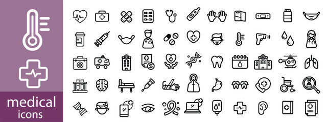 Medical Line Icon Set contains Stethoscope, Ambulance, Nurse, Doctor, Syringe, Serum, First Aid Kit and so on icons.