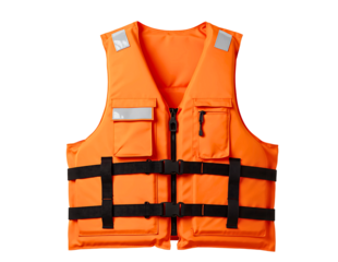 Bright life vest with reflective strips and buckles isolated on transparent background