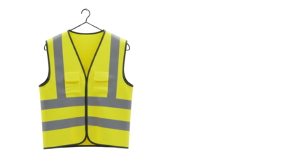 Yellow high visibility safety vest on a hanger isolated PNG with Transparent Background