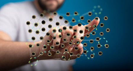 Hand interacting with a network of digital files, representing data management or cloud storage.