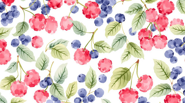 Fresh berry watercolor pattern with strawberries blueberries on white background