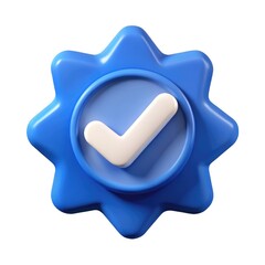 Blue checkmark badge with star shape isolated on white background