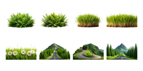 A diverse set of verdant grass tufts, ferns, and scenic mountain roads isolated against a white backdrop isolated on transparent background