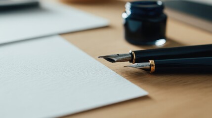 Close-up of elegant fountain pens and ink bottle on a wooden desk, with blank paper ready for writing
