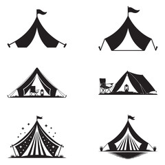 Minimalist Black Tent Silhouette Vector on White Background – Outdoor Camping Design for Adventure Projects with Dome, Ridge, A-Frame, and Tunnel Tent Styles. Thank You . 