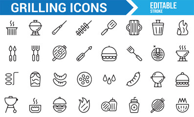 Meat, Burger, Sausage, and Grill Icons for Barbecue Cooking and Food Preparation