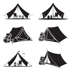Minimalist Black Tent Silhouette Vector on White Background – Outdoor Camping Design for Adventure Projects with Dome, Ridge, A-Frame, and Tunnel Tent Styles. Thank You . 