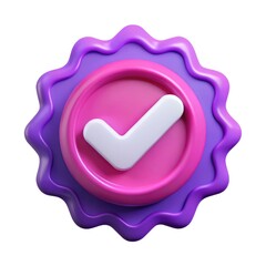 3d rendered purple and pink badge with a white checkmark isolated on white background