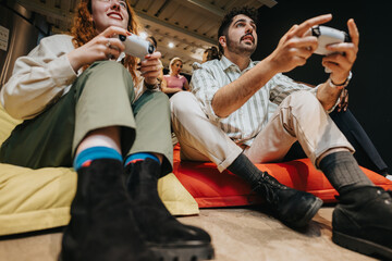 Fototapeta premium Two individuals are seen immersed in a video game activity, showcasing teamwork and enjoyment, while seated in a modern and comfortable gaming environment indoors.