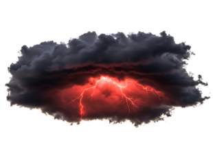 Dark storm cloud with intense red lightning strikes isolated on transparent background