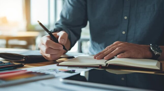Designer sketching logo concepts in a notebook with pen. Creative process in progress, ideal for branding, graphic design, and visual identity projects with an authentic, handcrafted feel.
