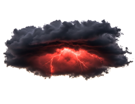 Dark storm cloud with intense red lightning strikes isolated on transparent background
