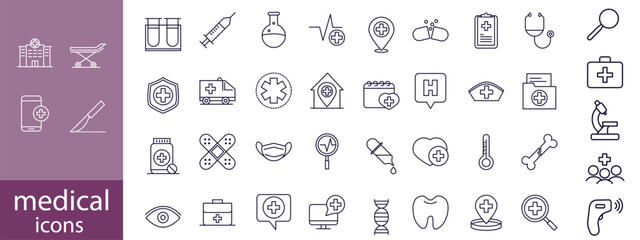 Medical Line Icon Set contains Stethoscope, Ambulance, Nurse, Doctor, Syringe, Serum, First Aid Kit and so on icons.