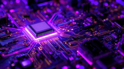 Close-up of a vibrant microchip surrounded by intricate circuitry and glowing connections