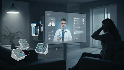 Woman watches doctor on a large transparent screen displaying medical data and video call - Powered by Adobe