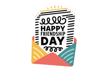 Colorful abstract envelope design featuring happy friendship day text with playful lines and dots celebrating friendship
