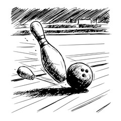 Bowling Strike: Dynamic sketch of bowling ball striking pins, capturing the excitement of a perfect strike.