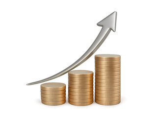 Stacked coins with upward arrow indicating financial growth Isolyate on transparent background
