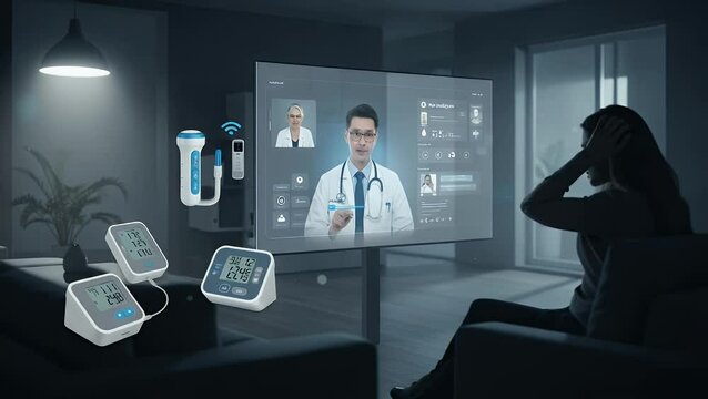 Woman watches doctor on a large transparent screen displaying medical data and video call