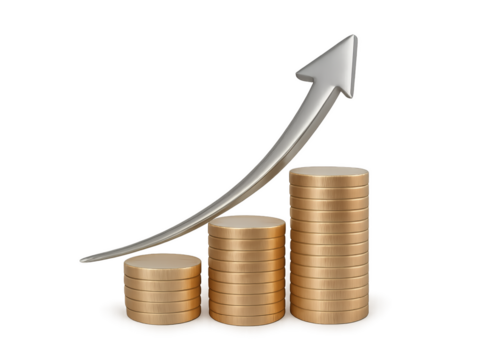 Stacked coins with upward arrow indicating financial growth Isolyate on transparent background
