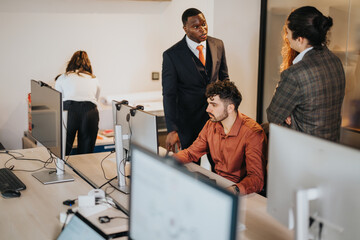 A group of professionals collaborating in a modern office environment, engaged in discussion and...