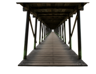 Long wooden pier with railings extending into the distance isolated on transparent background