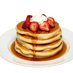 A fluffy Japanese souffle pancake stack topped with whipped cream, strawberries, and syrup drizzle