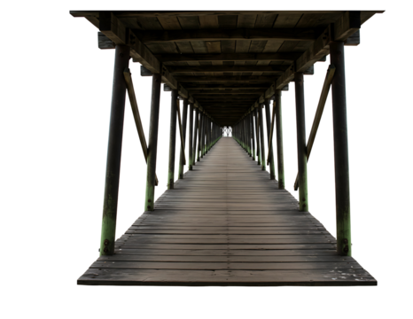 Long wooden pier with railings extending into the distance isolated on transparent background