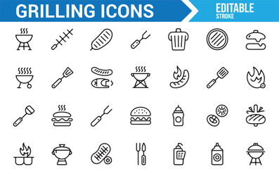 Grilling and BBQ Food Icons for Cooking, Barbecue, and Grilled Meat Preparation

