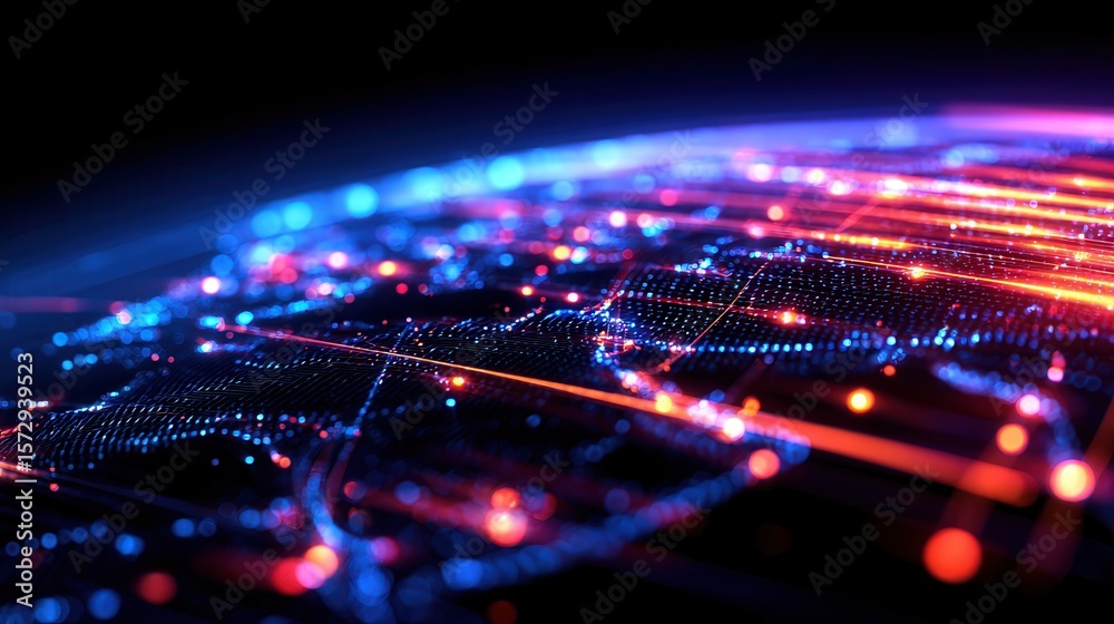 Poster abstract digital representation of a global network with vibrant lines and glowing nodes
