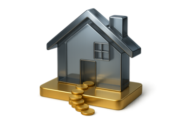 Metallic house model with gold coins stacked on base Isolyate on transparent background