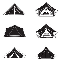 Minimalist Black Tent Silhouette Vector on White Background – Outdoor Camping Design for Adventure Projects with Dome, Ridge, A-Frame, and Tunnel Tent Styles. Thank You . 