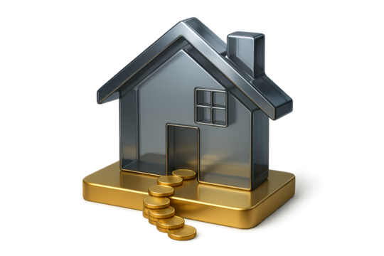 Metallic house model with gold coins stacked on base Isolyate on transparent background