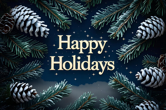 Happy Holidays Text on a Winter Night. Snowy pine cones and evergreen tree branches with Happy Holidays text against a winter night sky - 1