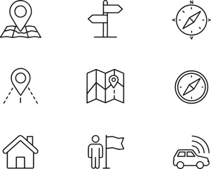 Navigation and Location Icons Featuring Maps, Compasses, Directional Signs, and Place Markers for Wayfinding and Geographic Awareness in a Modern Design